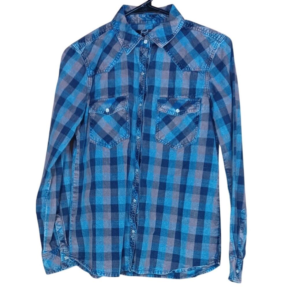 Earl Jeans Women's Small Blue Plaid Flannel Western Pearl Snap Shirt Cowgirl